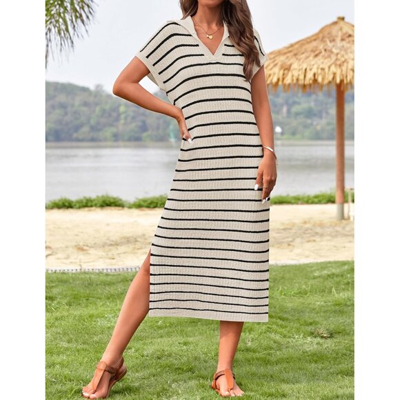 Women's Summer Striped Midi Dress Knit V Neck Short Sleeve Casual - Picture 2 of 5
